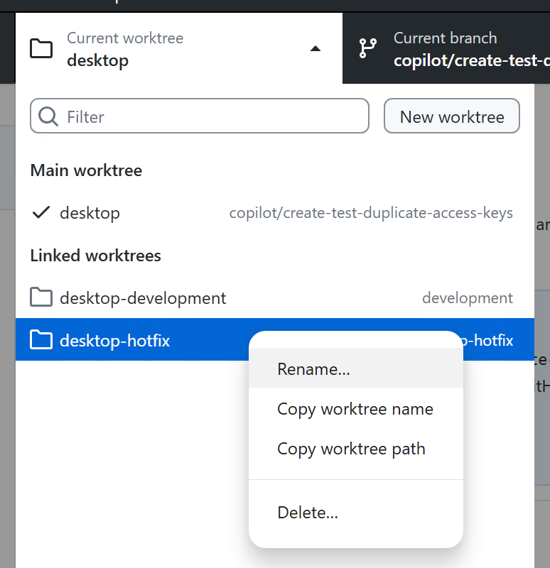 이름 바꾸기, 이름 복사, 경로 복사 및 삭제 옵션이 있는 Windows 작업 트리 항목의 상황에 맞는 메뉴 스크린샷
