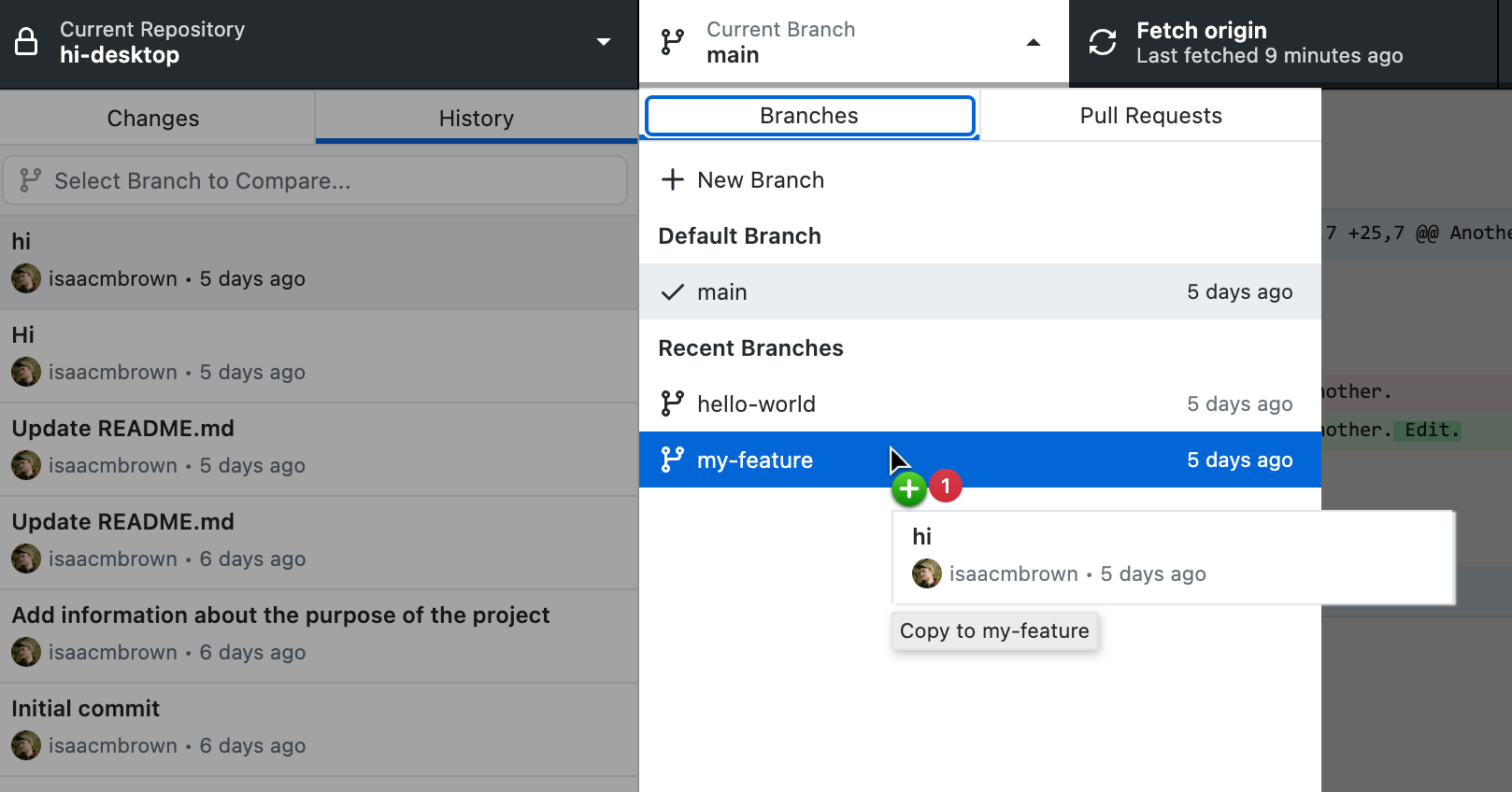 Captura de tela da guia "Histórico" e do menu suspenso "Branch atual". Quando o cursor passa por cima de “my-feature”, os ícones “+ 1” mostram um commit adicional.