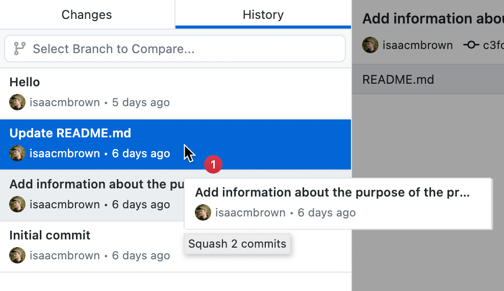 Screenshot einer Liste von Commits auf der Registerkarte „Verlauf“. Der Cursor zeigt auf einen blau hervorgehobenen Commit. Ein Mouseoverfeld zeigt „Squash 2 commits“ an.