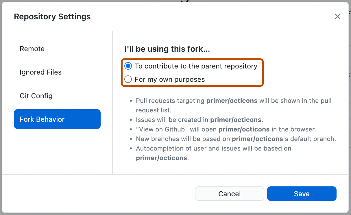 Capture d’écran du volet « Comportement de la duplication ». Deux boutons radio, « Pour contribuer au référentiel parent » et « Pour mes propres besoins », sont mis en évidence en orange.