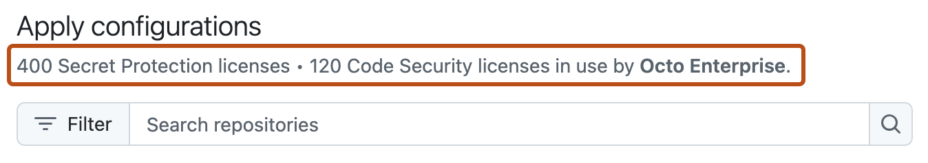 Capture d’écran de la section « Appliquer des configurations » L’utilisation actuelle de la licence pour l’entreprise est décrite en orange foncé.