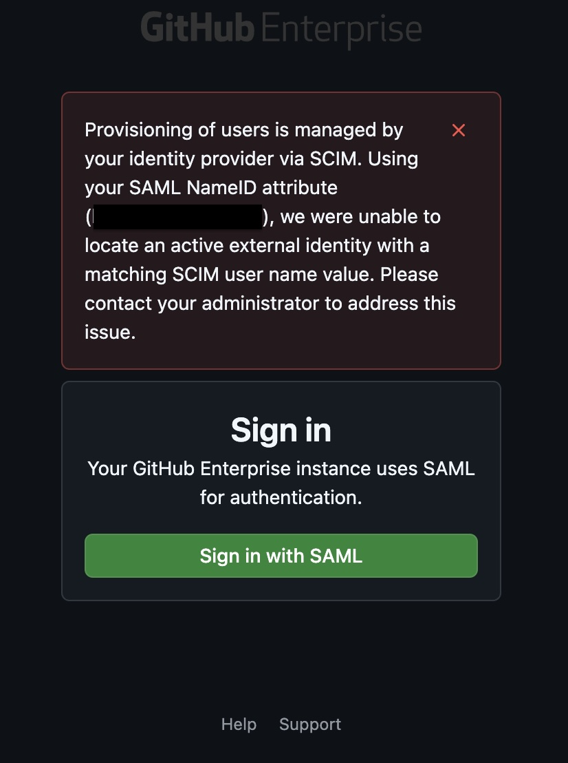 Okta SAML および SCIM データのマッピング エラーのスクリーンショット。