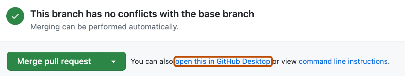 Screenshot des Abschnitts „Zusammenführungsnachrichten“ auf einer Pull-Request-Seite. Ein Link mit der Bezeichnung "In GitHub Desktop öffnen" ist orange dargestellt.