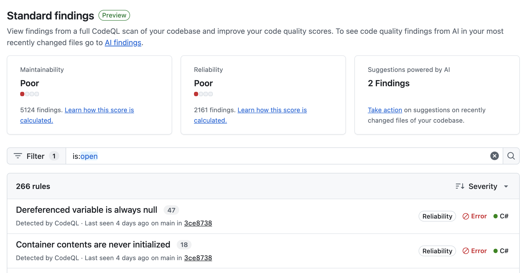 Screenshot of code quality scores in the "Standardergebnisse" view for Code Quality.