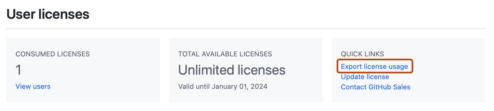 Captura de tela da seção "Licenças de usuário" da página "Licença". Um link, com o rótulo "Uso da licença de exportação", está contornado em laranja escuro.