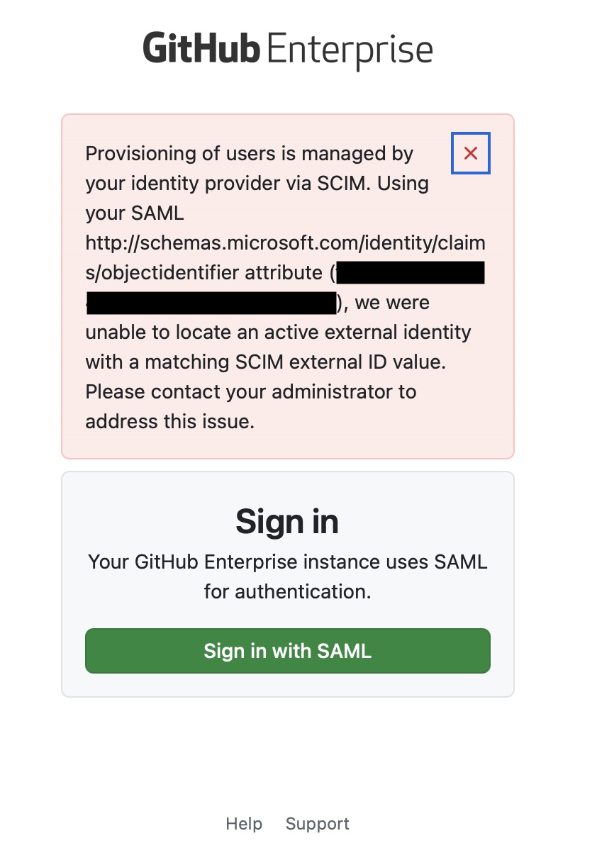 Entra ID SAML および SCIM データのマッピング エラーのスクリーンショット。