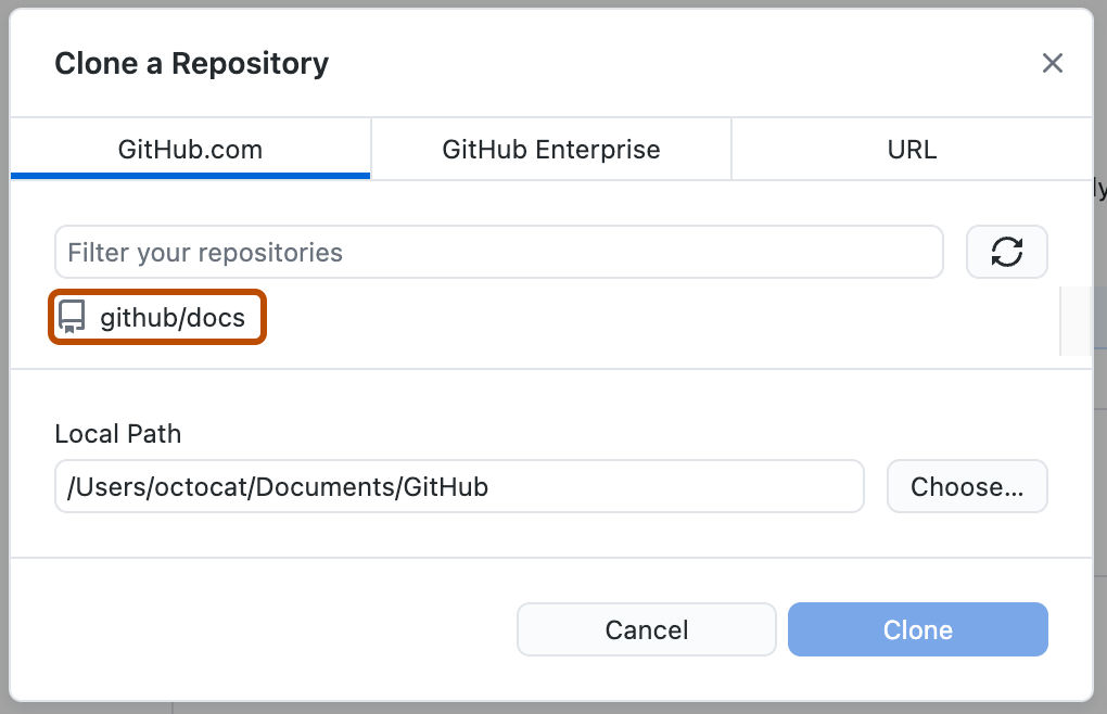 Capture d’écran de la fenêtre « Cloner un dépôt ». Le dépôt « github/docs », est mis en évidence avec un encadré orange.