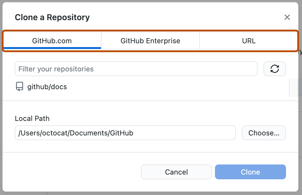 Capture d’écran de la fenêtre « Cloner un dépôt ». En haut de la fenêtre, les onglets « GitHub.com », « GitHub Enterprise » et « URL » sont mis en évidence en orange.