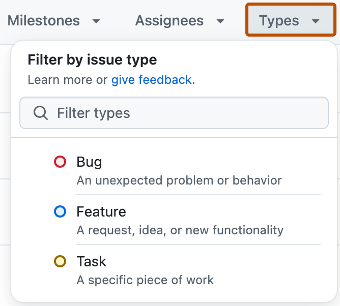 Screenshot: Liste der Issues, Im Header der Liste ist der Filter „Typen“ orange umrandet und erweitert.