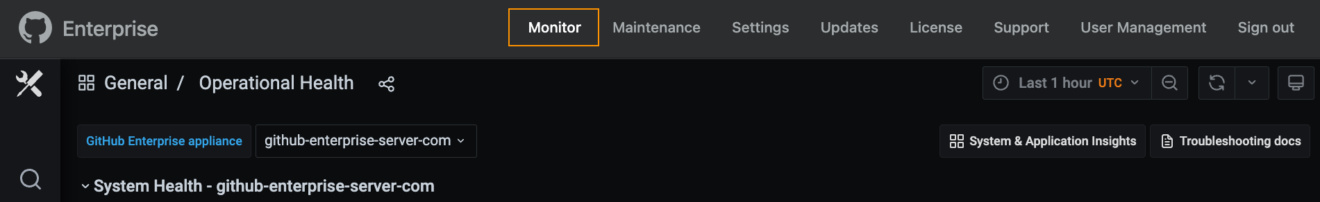 Captura de tela do cabeçalho do Console de Gerenciamento. Uma aba, rotulada como "Monitor", é realçada com um contorno laranja.