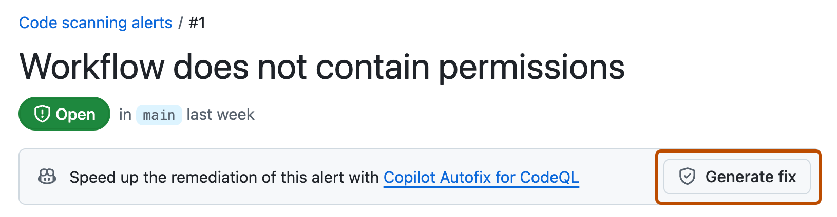 Screenshot einer Codeüberprüfungswarnung für GitHub.com. Die Schaltfläche mit der Bezeichnung „Reparatur erstellen“ ist orange umrandet.