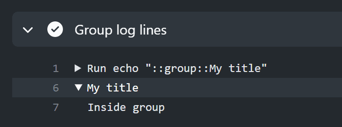 Captura de tela do log da etapa de fluxo de trabalho. A segunda linha, "Meu título", é um grupo expandido. A próxima linha, "Dentro do grupo", está indentada abaixo.