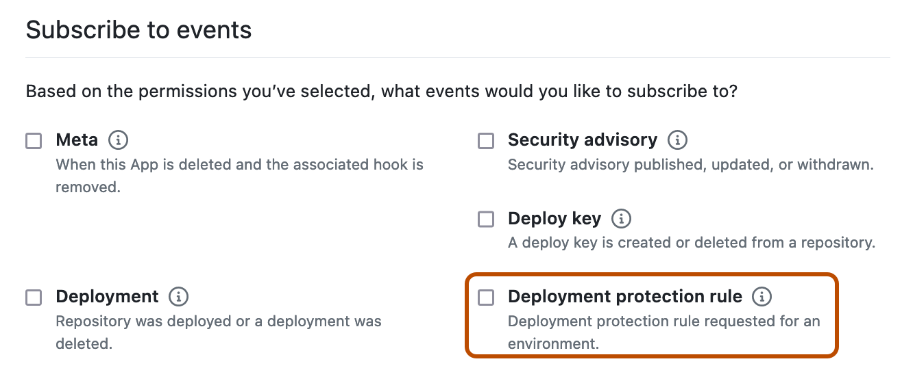 Скриншот раздела «Подписка на события» для нового приложения GitHub. Флажок для правила защиты развертывания описан оранжевым цветом.