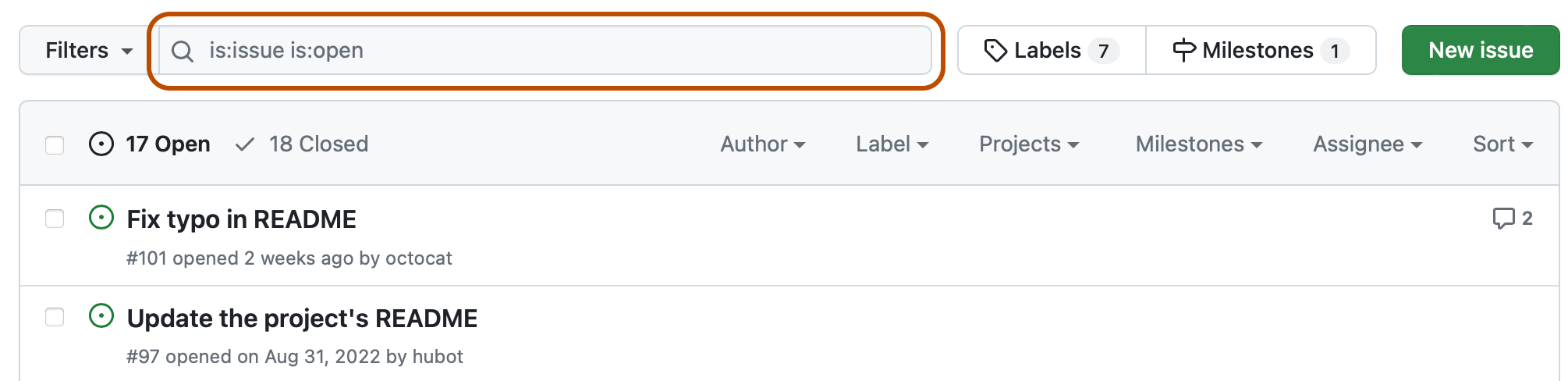 Screenshot der Liste der Issues für ein Repository. Oberhalb der Liste ist ein Suchfeld mit der Abfrage „is:issue is:open“ orange umrandet.