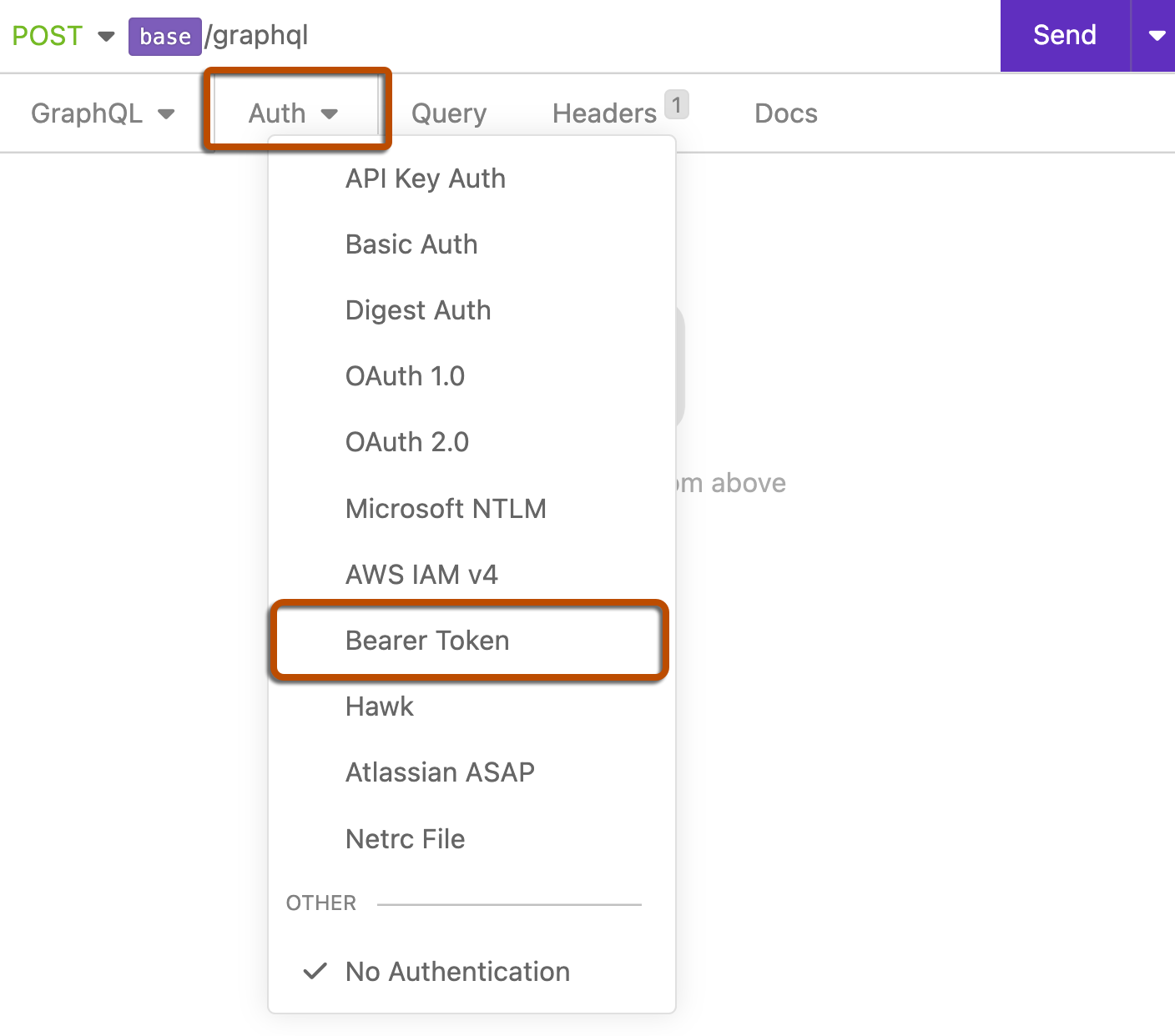 Captura de tela do menu "Autenticação" expandido em Insônia. O rótulo de menu "Auth" e a opção "Bearer Token" são destacados em laranja escuro.