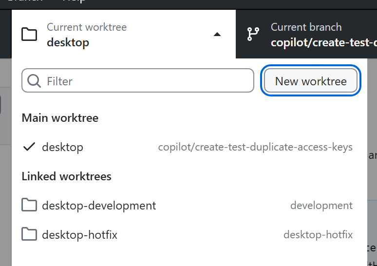 Windows 워크트리 드롭다운의 스크린샷 확장된 "Worktree" 드롭다운에서 새 워크트리 단추가 파란색으로 강조 표시됩니다.