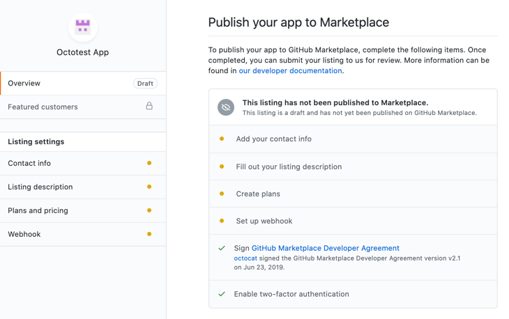 Снимок экрана: черновик данных GitHub Marketplace. В разделе "Публикация приложения в Marketplace" незавершенные действия отмечены оранжевыми кругами.