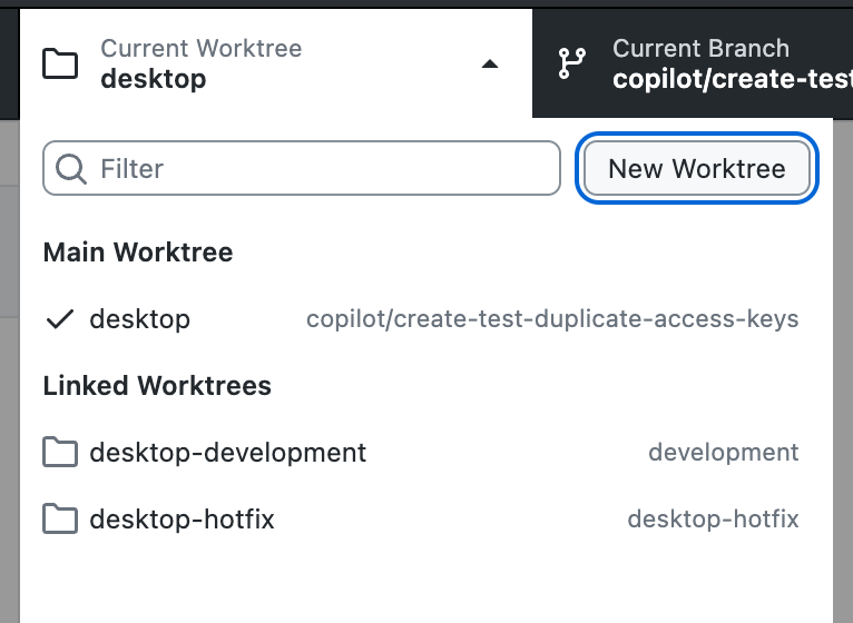 Mac의 워크트리 드롭다운 스크린샷 확장된 "Worktree" 드롭다운에서 새 워크트리 단추가 파란색으로 강조 표시됩니다.