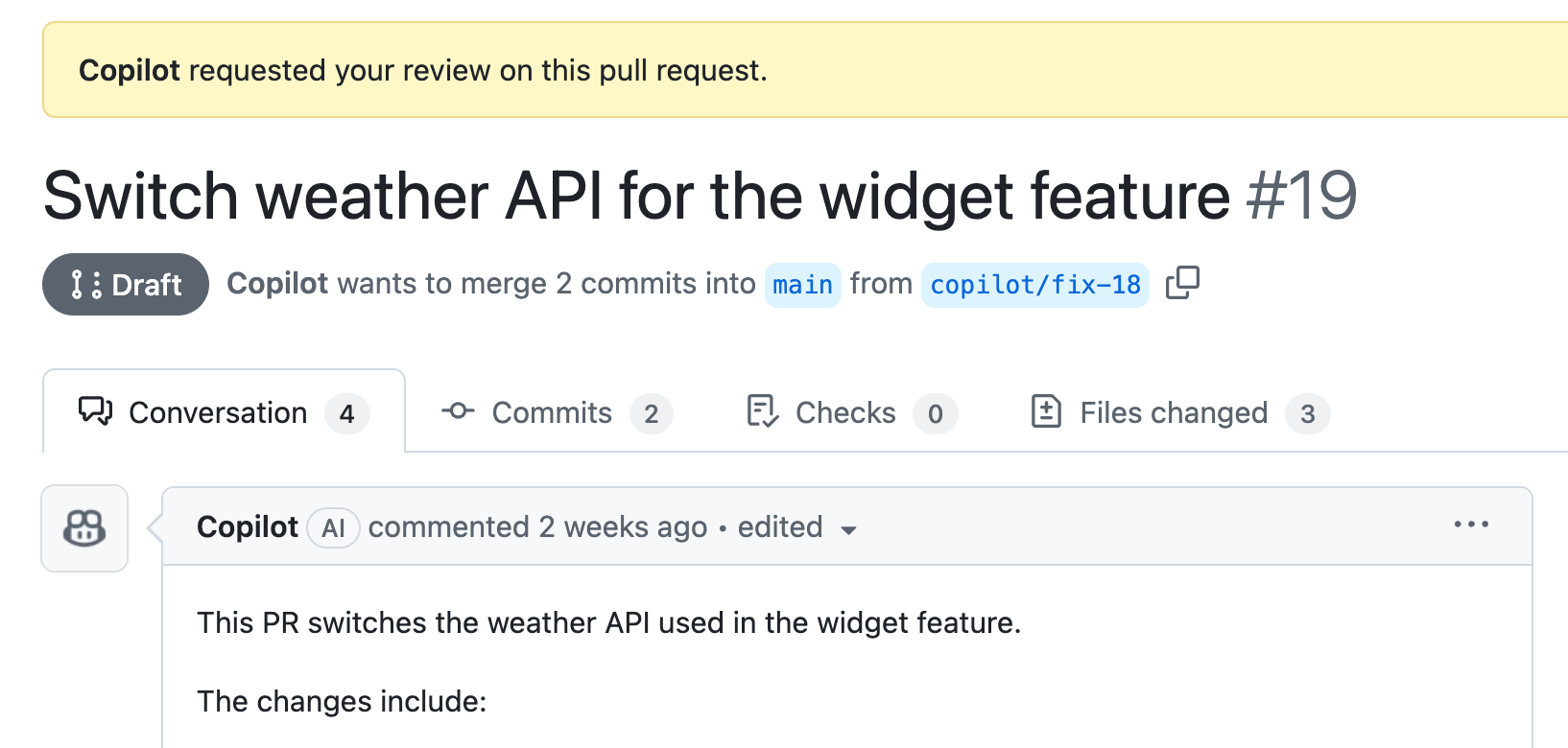Screenshot eines Pull Requests, die von Copilot-Cloud-Agent erstellt wurde.