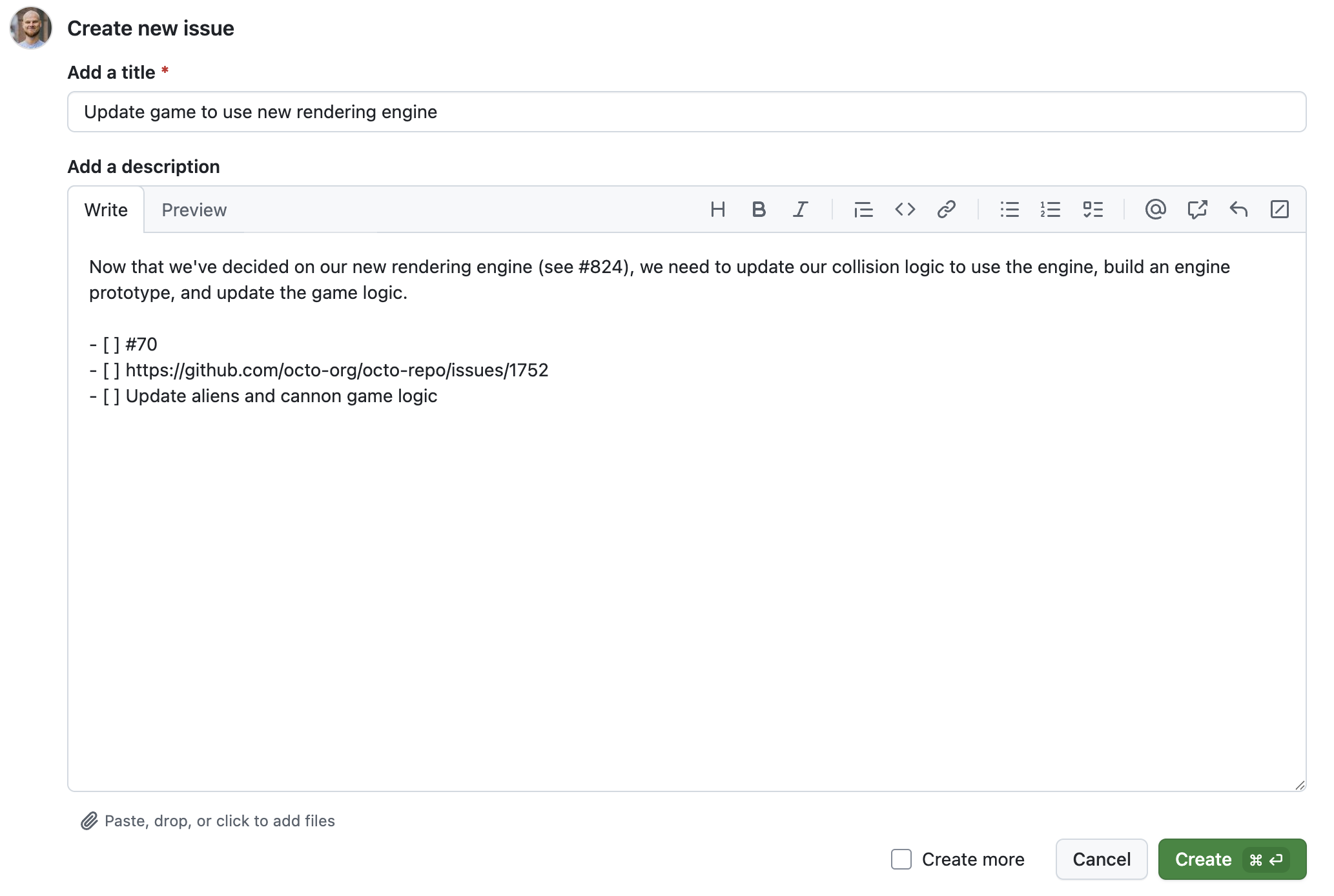 Screenshot: Formular für neues Issue mit angegebenem Titel und Text. Der Text enthält das Markdown für eine Aufgabenliste.