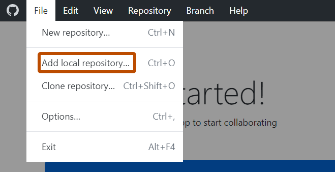 Captura de tela da barra de menus no Windows. O menu suspenso "Arquivo" está aberto e uma opção rotulada como "Adicionar repositório local" está com um contorno laranja.