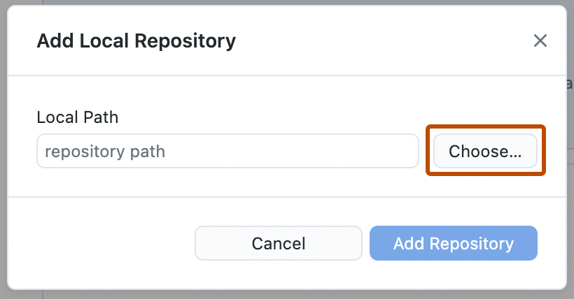Captura de tela da janela "Adicionar Repositório Local". Ao lado do campo "caminho do repositório", um botão chamado "Escolher" está contornado em laranja.