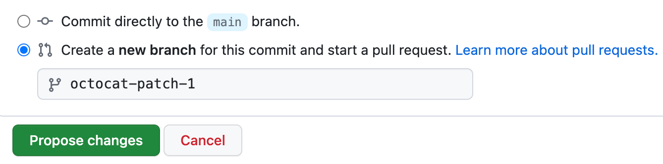 Captura de tela de uma solicitação de pull do GitHub que mostra um botão de opção para fazer commit diretamente na ramificação principal ou para criar uma ramificação. O novo branch está selecionado.
