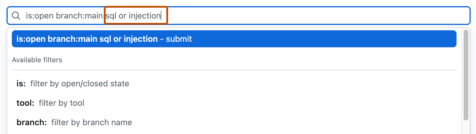 Capture d’écran du champ de recherche en mode Alertes. Le champ contient des filtres prédéfinis « is: open branch:main » et un texte libre « sql or injection » mis en surbrillance.