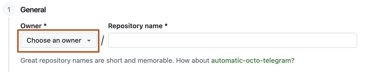 새 GitHub 리포지토리의 소유자 메뉴 스크린샷. 이 메뉴는 octocat과 github, 이렇게 두 가지 옵션을 보여줍니다.