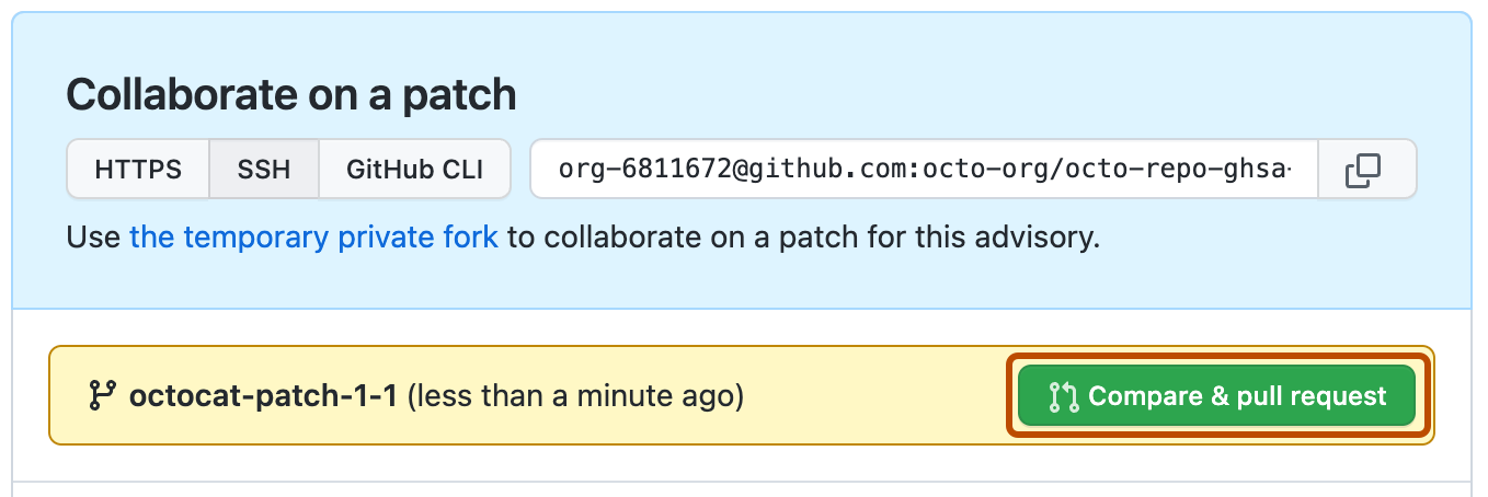 Screenshot des Bereichs „An einem Patch zusammenarbeiten“ für den Entwurf eines Sicherheitshinweises.
Die Schaltfläche „Vergleichen & Pull Request“ ist mit einem dunkelorangenen Rand hervorgehoben.