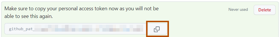 Screenshot der Seite „Personal access tokens“. Neben einem verschwommenen Token wird ein Symbol mit zwei überlappenden Quadraten in orange umrandet.